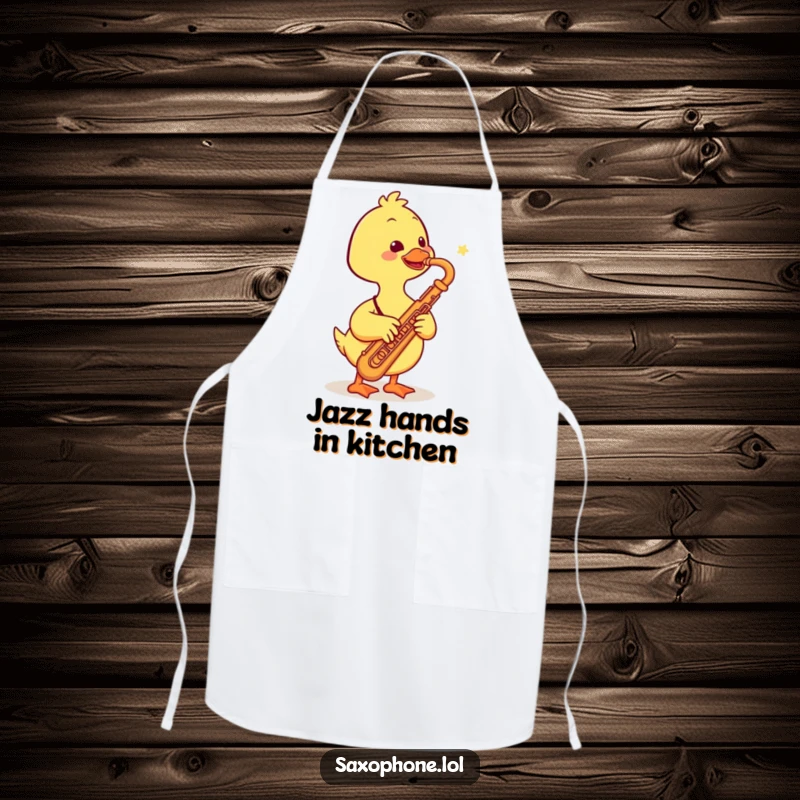 Funny apron featuring a smiling duck playing a saxophone, adding a musical and humorous touch to kitchen activities.