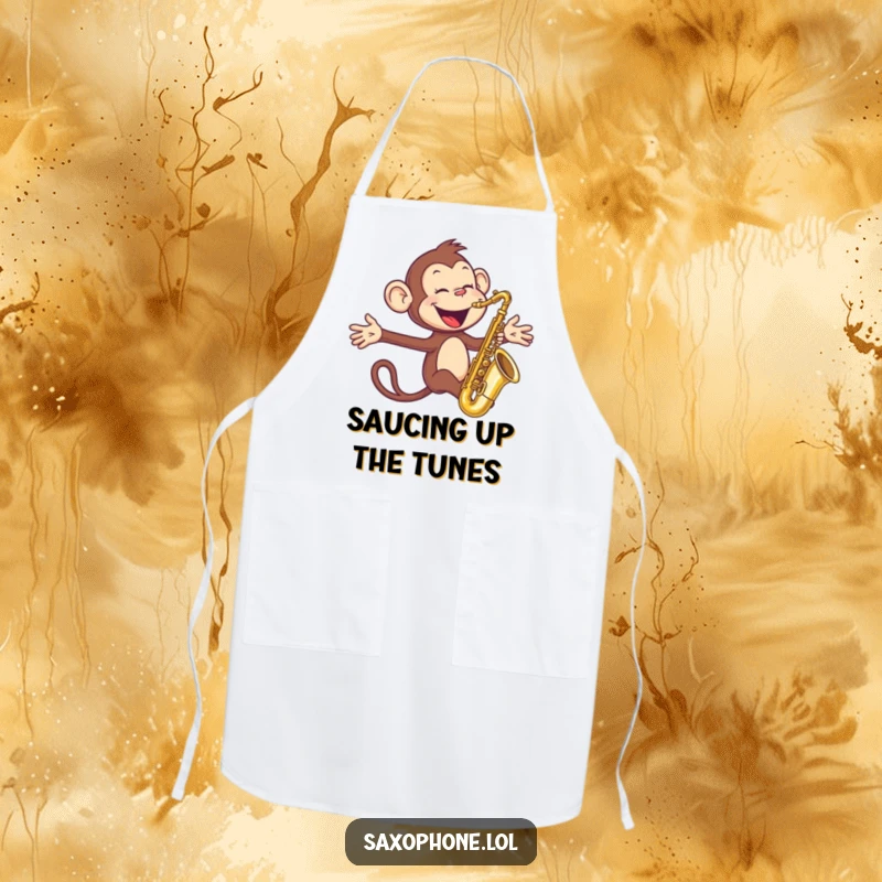 Funny Monkey Sax Apron: A joyful monkey blows into a saxophone with arms outstretched, a humorous and practical kitchen accessory.
