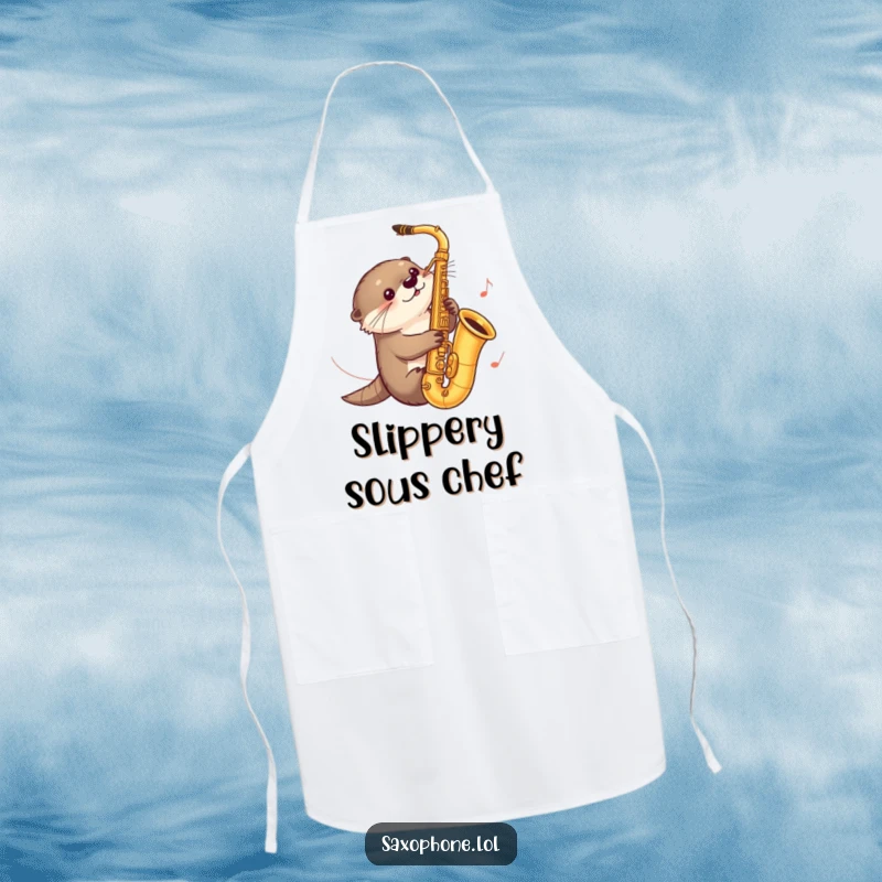 Funny apron featuring a curious otter sliding down a saxophone with music notes trailing, adding a musical and humorous touch to kitchen activities.
