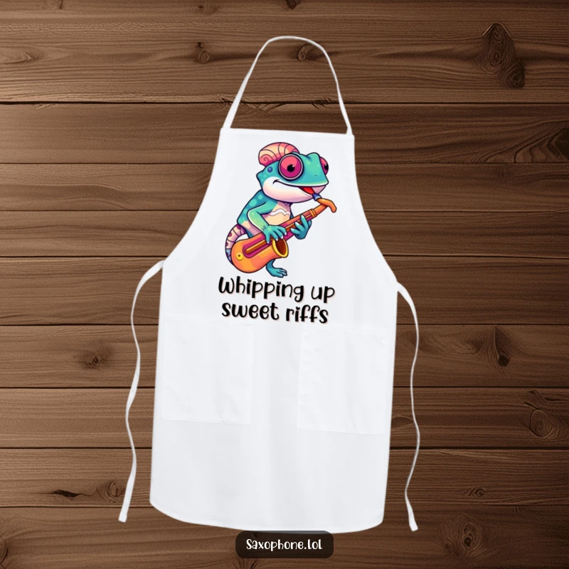 Funny Chameleon Sax Apron: A colorful chameleon adjusts its saxophone with a quirky grin, a humorous and practical kitchen accessory.