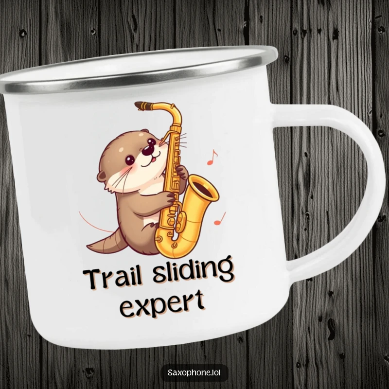 Funny camping mug with a curious otter sliding down a saxophone, music notes trailing, perfect for outdoor enthusiasts who enjoy animals and humor.