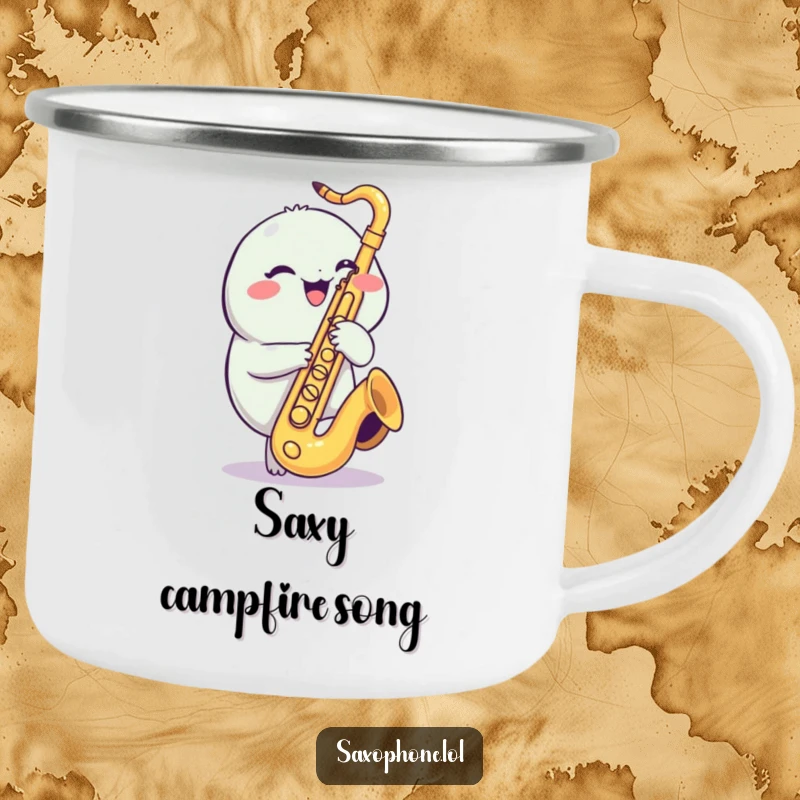 Funny Saxophone Camping Mug: A cheerful, round creature giggling while playfully tapping saxophone valves, for outdoor music.