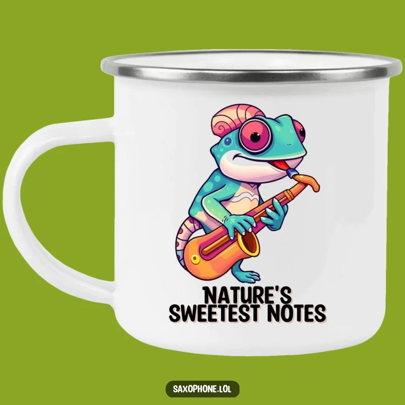 Funny Chameleon Sax Camping Mug: Outdoor Jams, Cool Sips, Great Funny Gift!