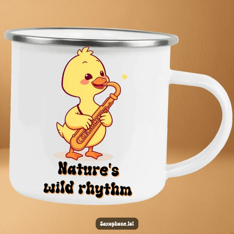 Funny camping mug with a smiling duck playing a saxophone, perfect for outdoor enthusiasts who enjoy music and humorous designs.