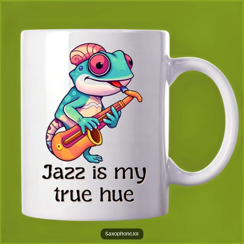 Funny Chameleon Sax Mug: Jazzy Reptile Design, Perfect Musical Funny Gift!