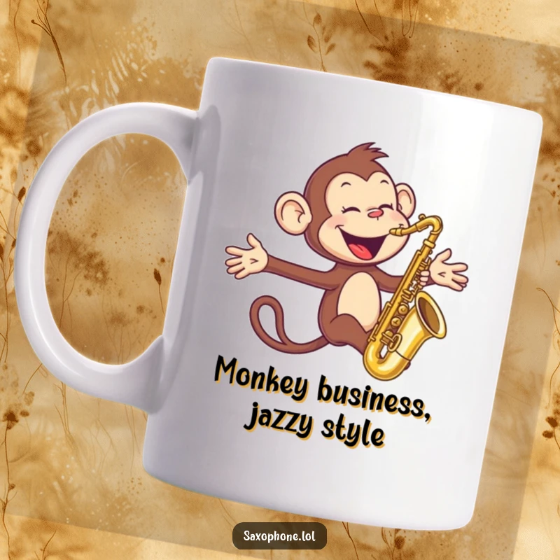 Funny Monkey Sax Mug: A joyful monkey blows into a saxophone with arms outstretched, full of musical enthusiasm.