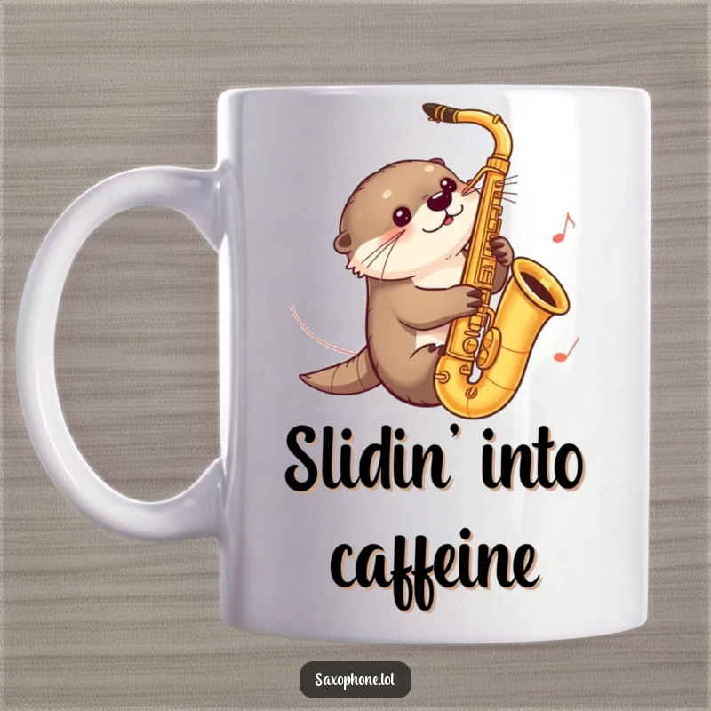 Funny mug featuring a curious otter joyfully sliding down a saxophone, with musical notes trailing behind, signifying aquatic fun.