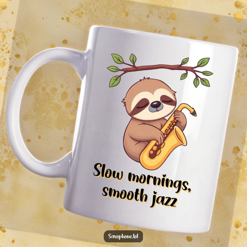 Funny Sloth Sax Mug: A sleepy sloth rests on a saxophone, embodying ultimate relaxation and chill jazz vibes.
