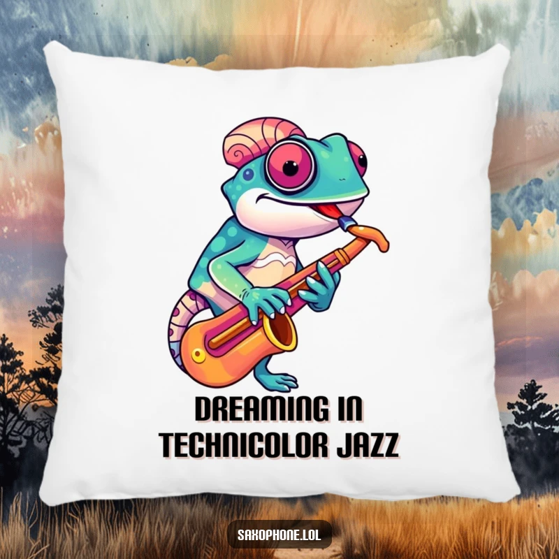 Funny Chameleon Sax Pillow: A colorful chameleon adjusts its saxophone with a quirky grin, a cozy and humorous decorative pillow.