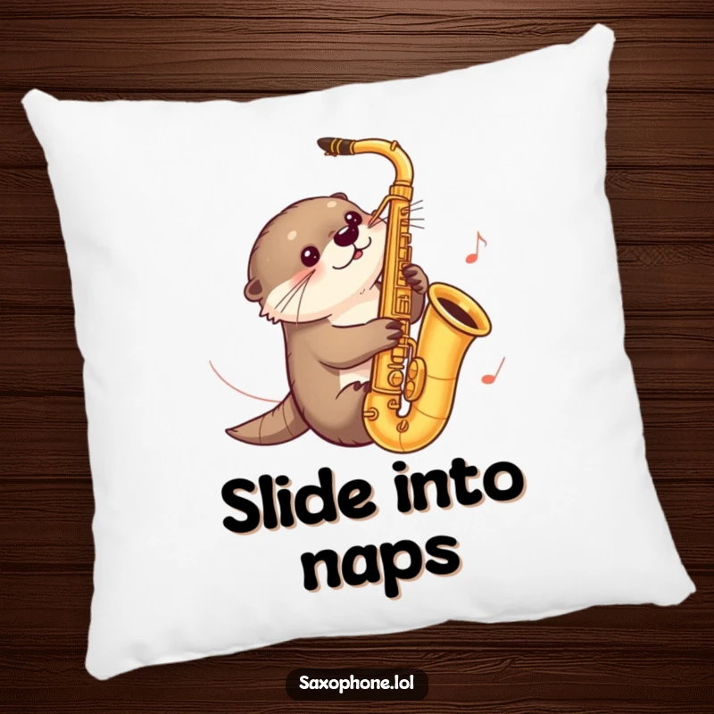 Funny pillow with a curious otter sliding down a saxophone, music notes trailing, bringing a playful and musical presence to any room.