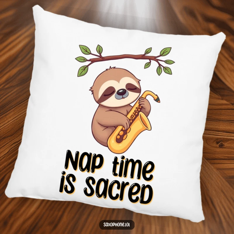 Funny Sloth Sax Pillow: A sleepy sloth rests lazily on a saxophone, a cozy and humorous decorative pillow for chill spaces.