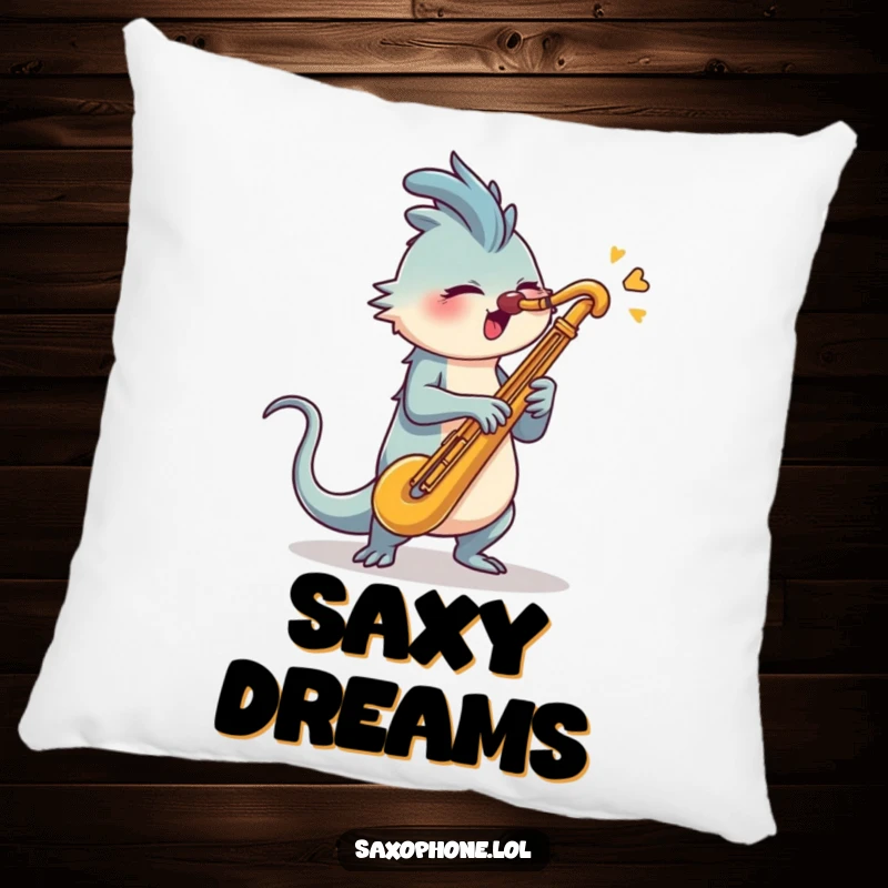 Funny Saxophone Pillow: A creature with a long tail energetically swiveling its head to blast into a saxophone.