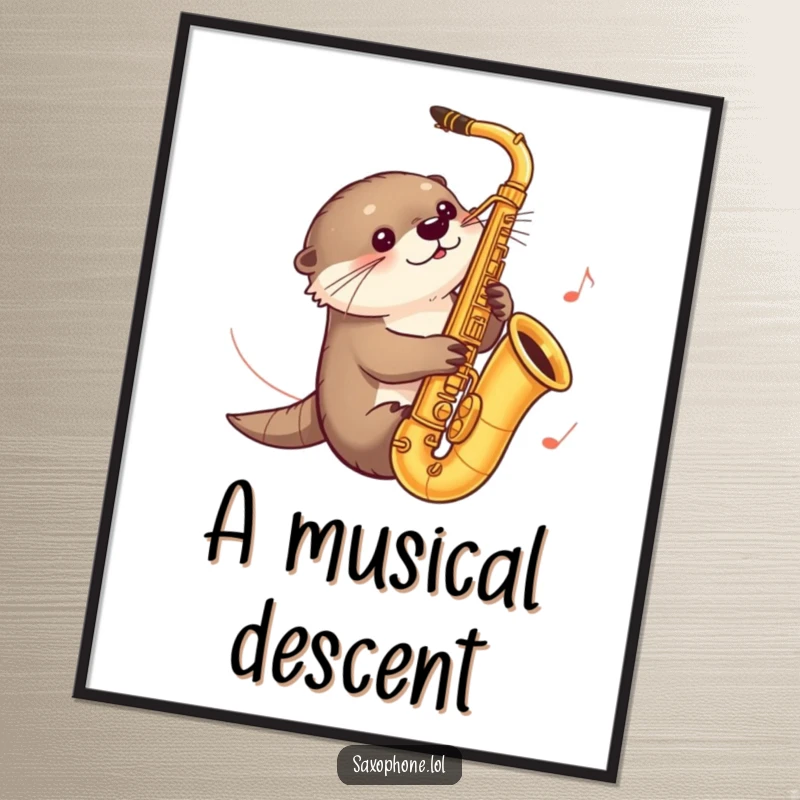 Funny digital art print of a curious otter sliding down a saxophone with music notes trailing, a delightful and humorous decoration.