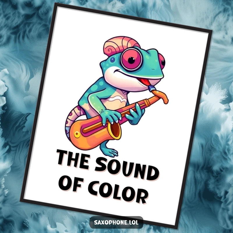 Funny Chameleon Sax Digital Art Print: A colorful chameleon adjusts its saxophone with a quirky grin, a humorous and downloadable artwork.