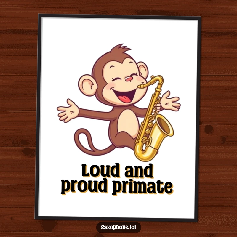Funny Monkey Sax Digital Art Print: A joyful monkey blows into a saxophone with arms outstretched, a humorous and downloadable artwork.