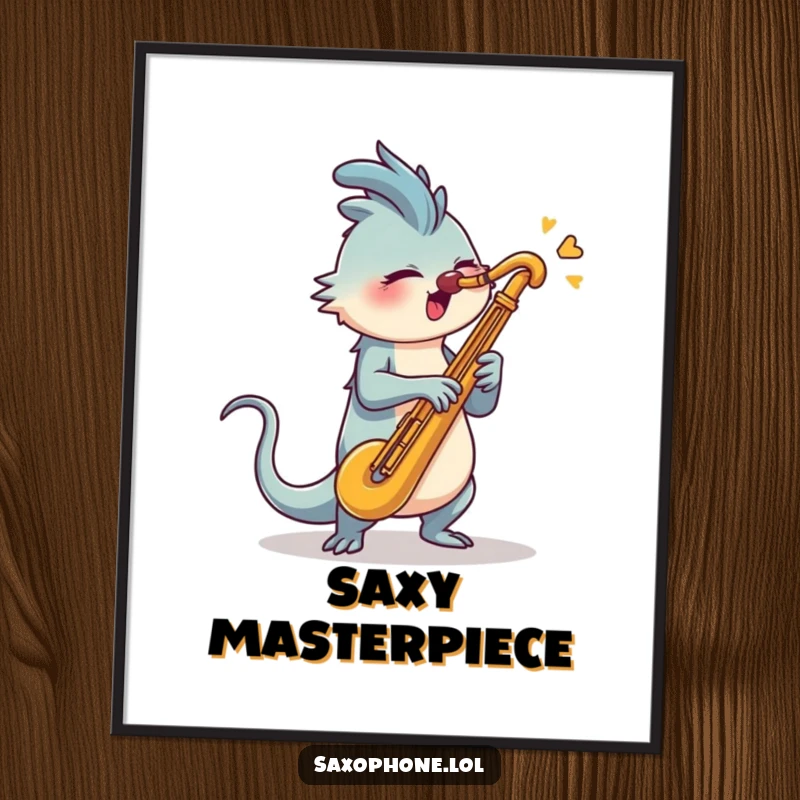 Funny Saxophone Digital Art Print: A creature with a long tail energetically swiveling head to blast into a saxophone.