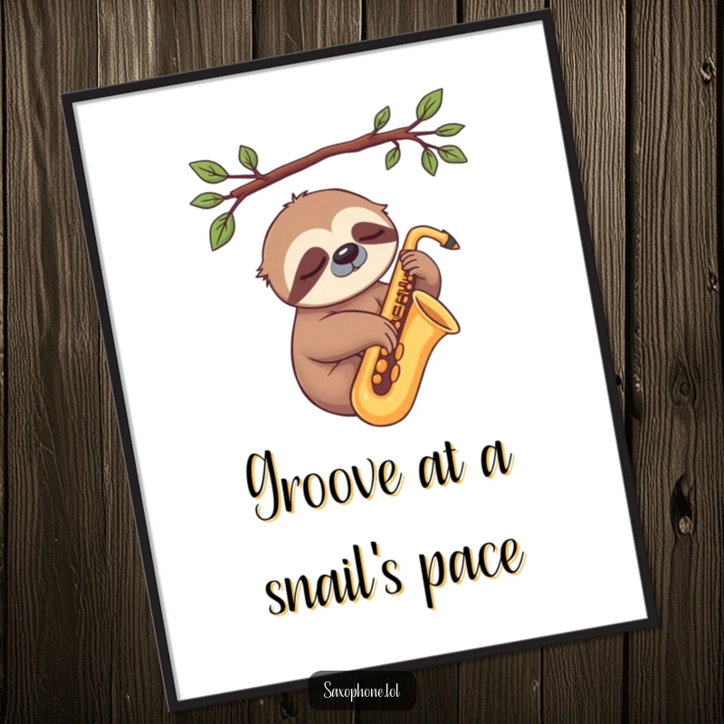 Funny Sloth Sax Digital Art Print: A sleepy sloth rests on a saxophone, a humorous and downloadable artwork for ultimate relaxation.
