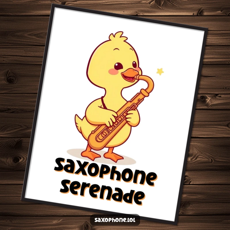 Funny digital art print of a smiling duck playing a saxophone with cheerful enthusiasm, a delightful musical decoration.