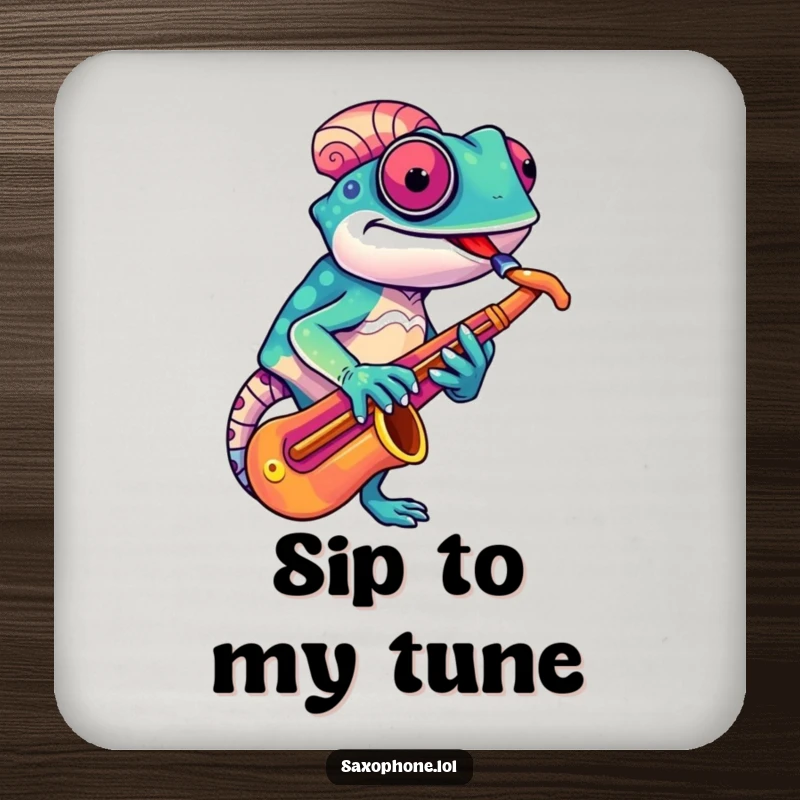 Funny Chameleon Sax Coaster: A colorful chameleon adjusts its saxophone with a quirky grin, a humorous and practical surface protector.