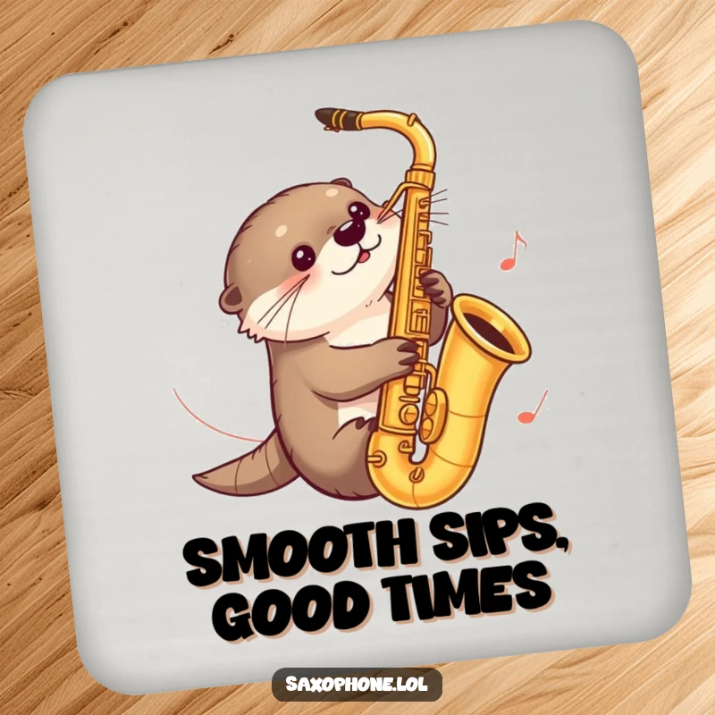 Funny drink coaster featuring a curious otter sliding down a saxophone with music notes trailing, adding a whimsical and humorous touch.