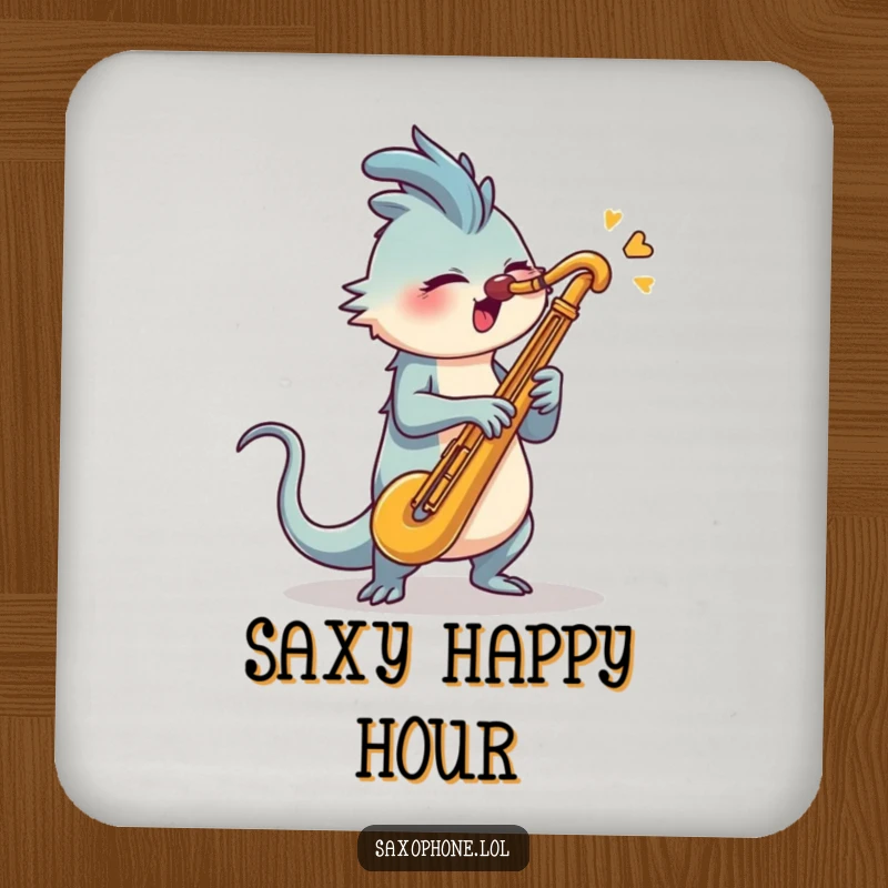 Funny Saxophone Coasters: A creature with a long tail energetically swiveling its head to blast into a saxophone.