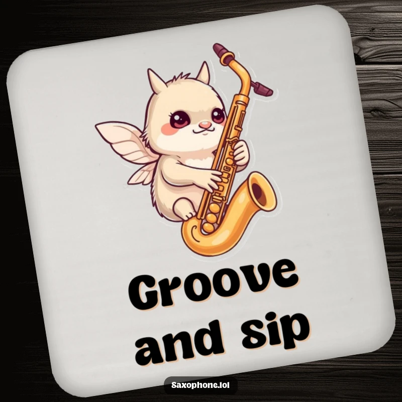 Funny drink coasters: a determined creature with tiny wings flutters around a saxophone, representing focused musical fun.