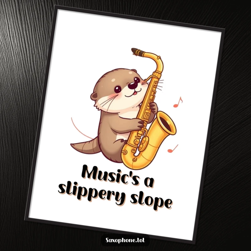 Funny poster showcasing a curious otter sliding down a saxophone, with music notes trailing, creating a whimsical and musical scene.