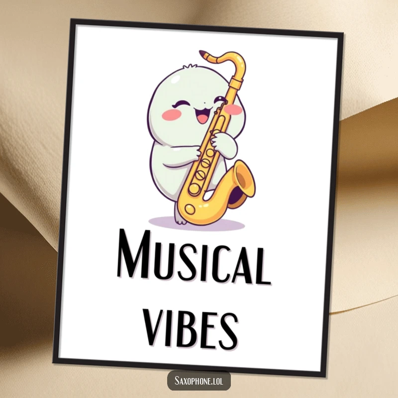 Funny Saxophone Poster: A round, cheerful creature giggling while playfully tapping saxophone valves, vibrant and fun.