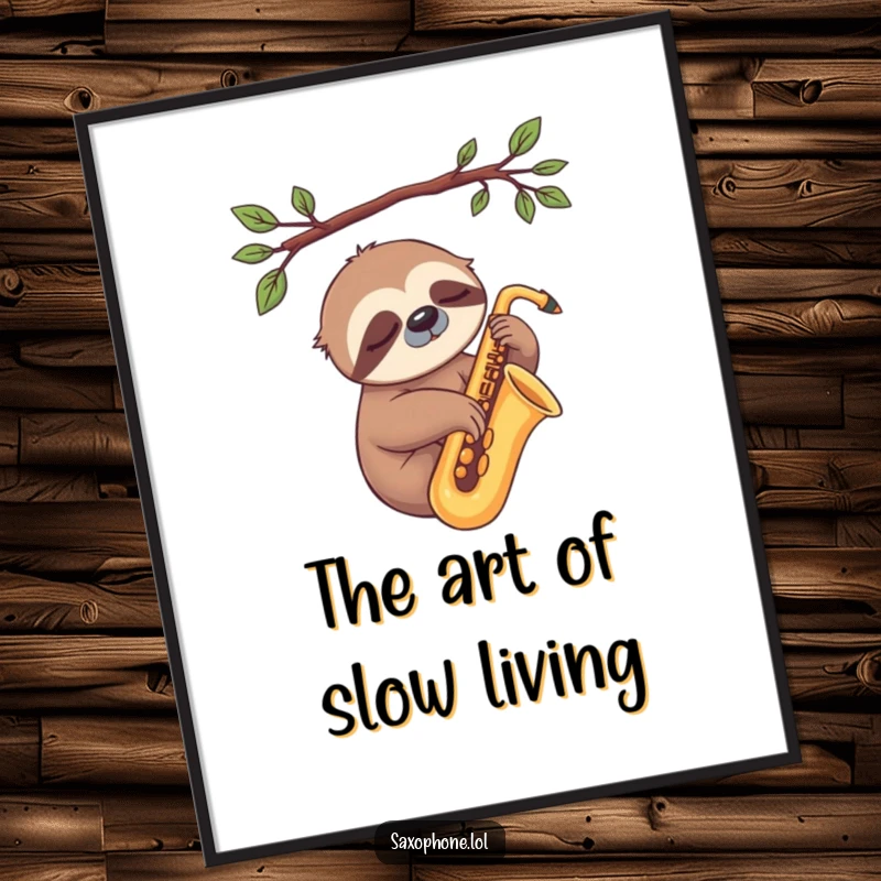 Funny Sloth Sax Poster: A sleepy sloth dangles, resting a paw on a saxophone, creating a humorous and calming musical scene.