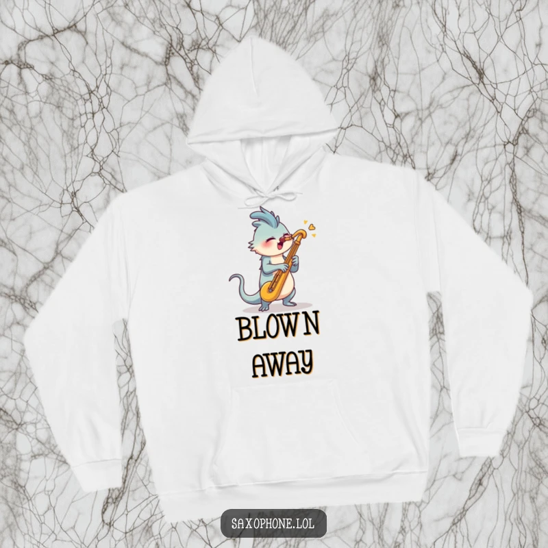 Funny Saxophone Hoodie: A creature with a long tail energetically swiveling its head to blast into a saxophone.