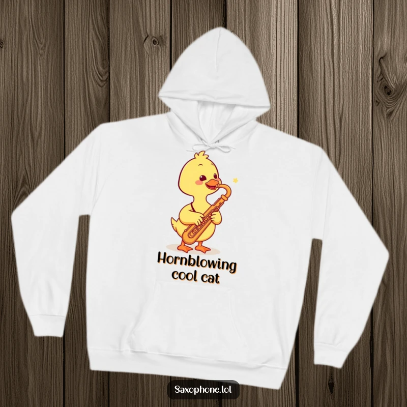Funny hoodie featuring a smiling duck playing a saxophone with gusto, showcasing a love for music and a playful spirit.