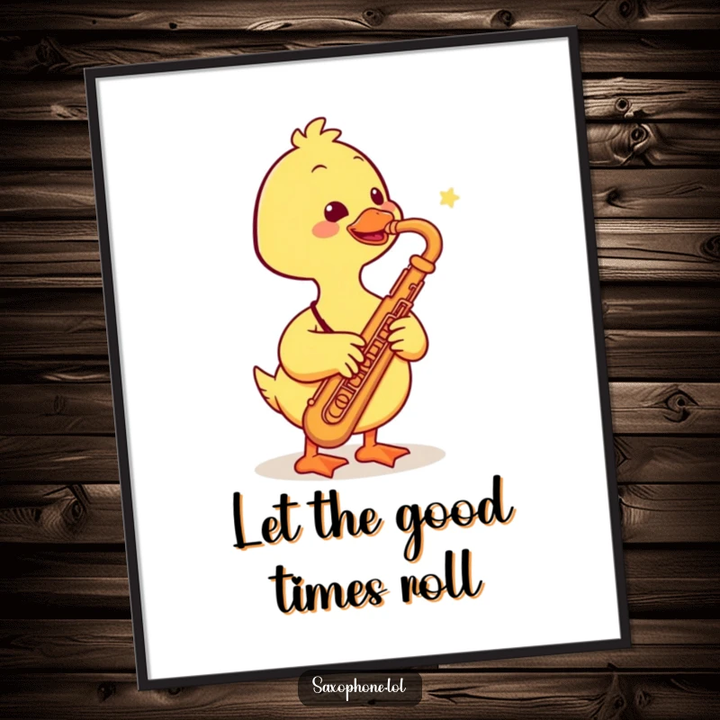 Funny Free Printable Wall Art: A smiling duck plays a saxophone with a cheerful honk. Quirky and musical.