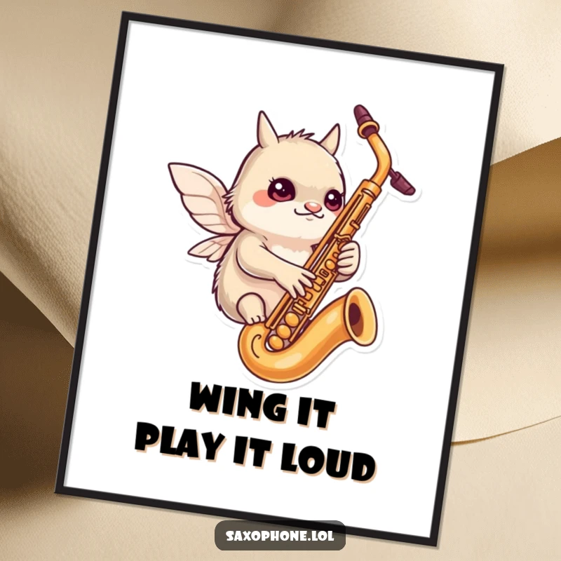 Funny Free Printable Wall Art: Tiny winged creature intently fluttering around a saxophone, symbolizing focused fun and musical passion.