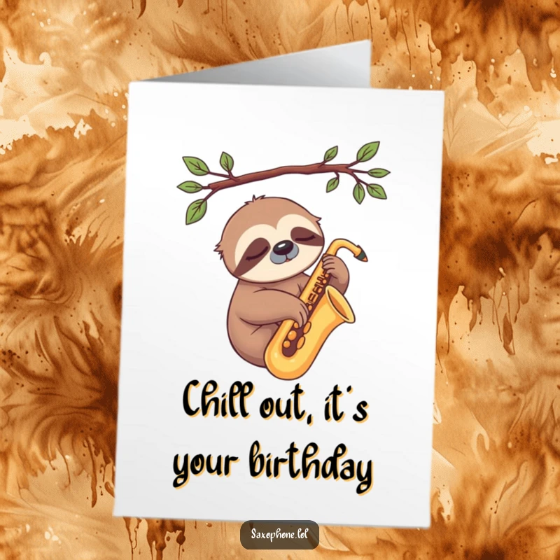Funny Free Printable Birthday Card: Sleepy sloth hanging from a branch, one paw resting on a saxophone, relaxed birthday wishes.