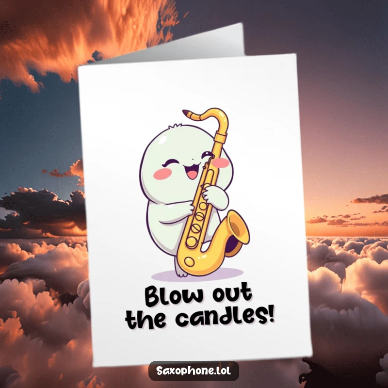 Funny Free Printable Saxophone Creature Birthday Card: A cheerful creature giggling while tapping saxophone valves.
