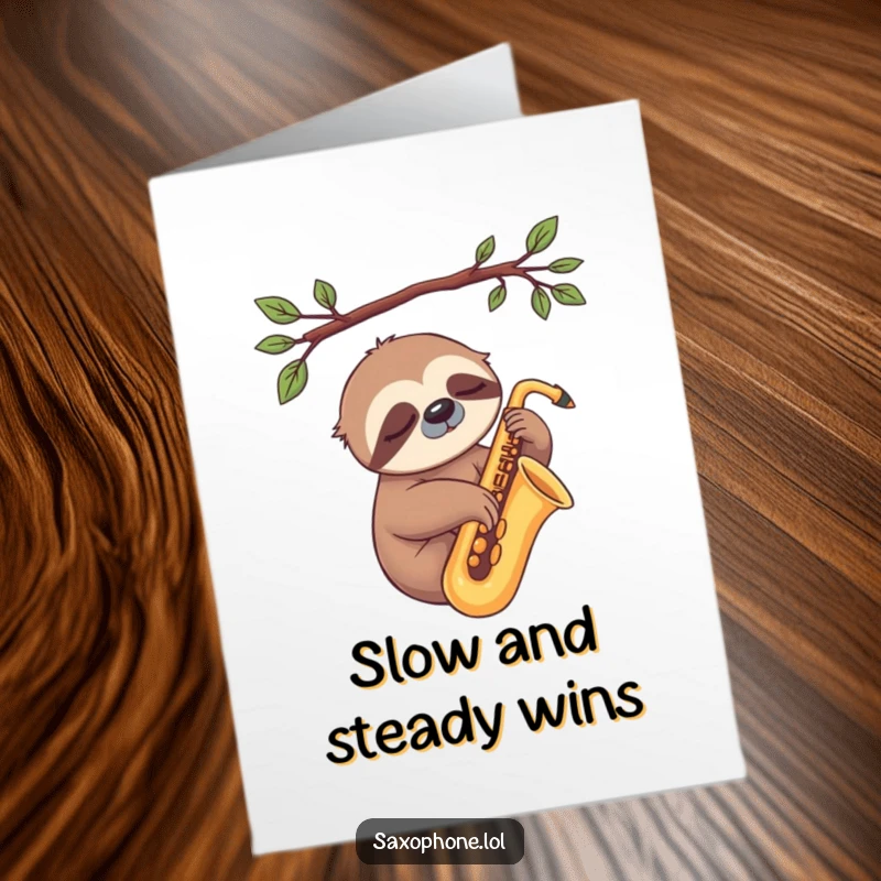Free Printable Congrats Card: A drowsy sloth on a branch with a paw on a saxophone, conveying relaxed congratulations.