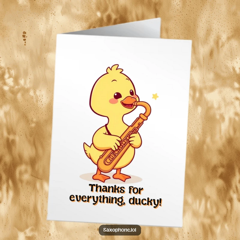 Funny Free Printable Thank You Card: A smiling duck plays a saxophone, honking a thank you tune. Whimsical gratitude.