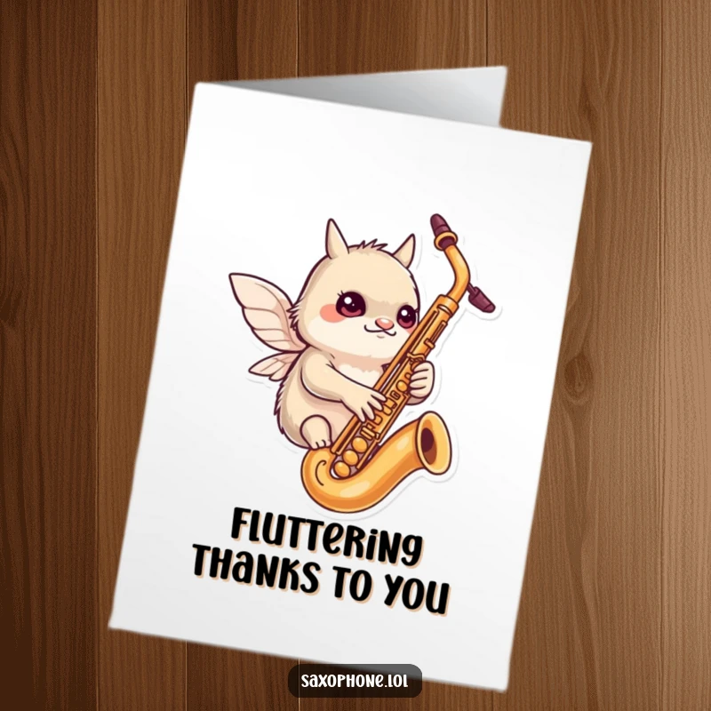 Funny Free Printable Thank You Card: Focused winged creature flying near a saxophone, conveying thanks with musical flair and determination.
