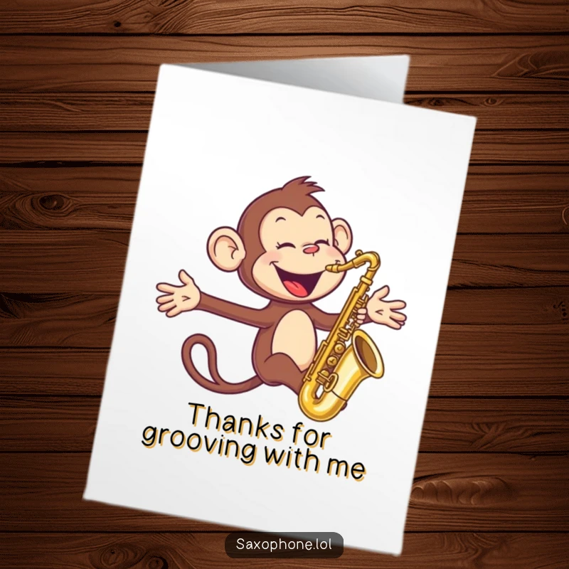 Funny Free Printable Thank You Card: A happy monkey blowing a saxophone with open arms, full of grateful energy.