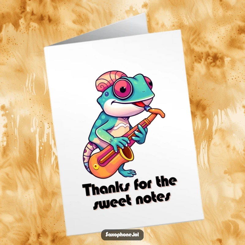 Funny Free Printable Thank You Card: A chameleon with colorful skin adjusting its saxophone, smiling with thanks.