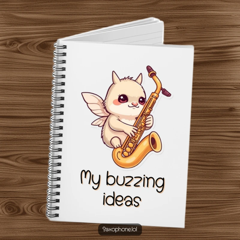 Funny notebook: a determined creature with tiny wings flutters around a saxophone, illustrating focused fun and creativity.