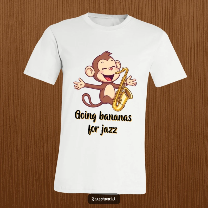 Funny Monkey Sax T-Shirt: An energetic monkey with arms wide blows hard into a saxophone, a hilarious musical depiction.