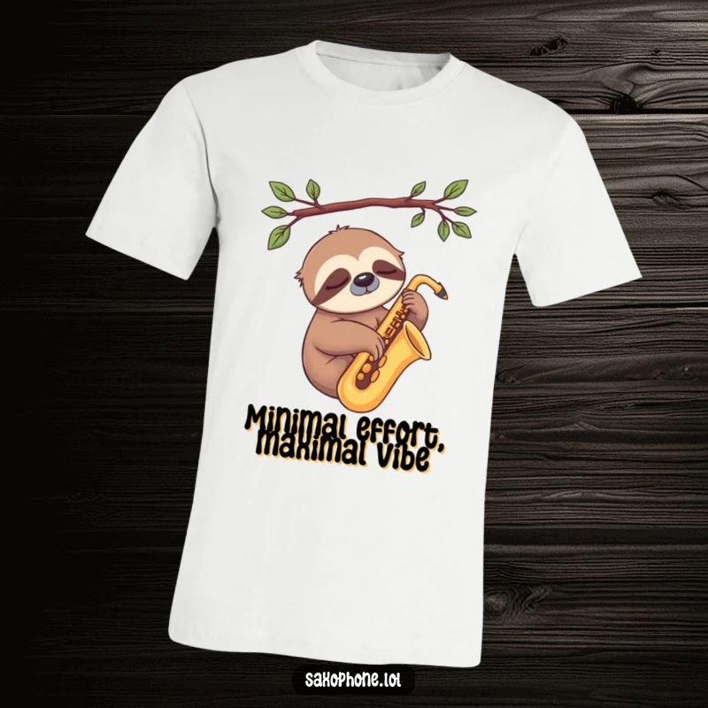 Funny Sloth Sax T-Shirt: A sleepy sloth is lazily resting on a saxophone, exuding a humorous, relaxed musical mood.