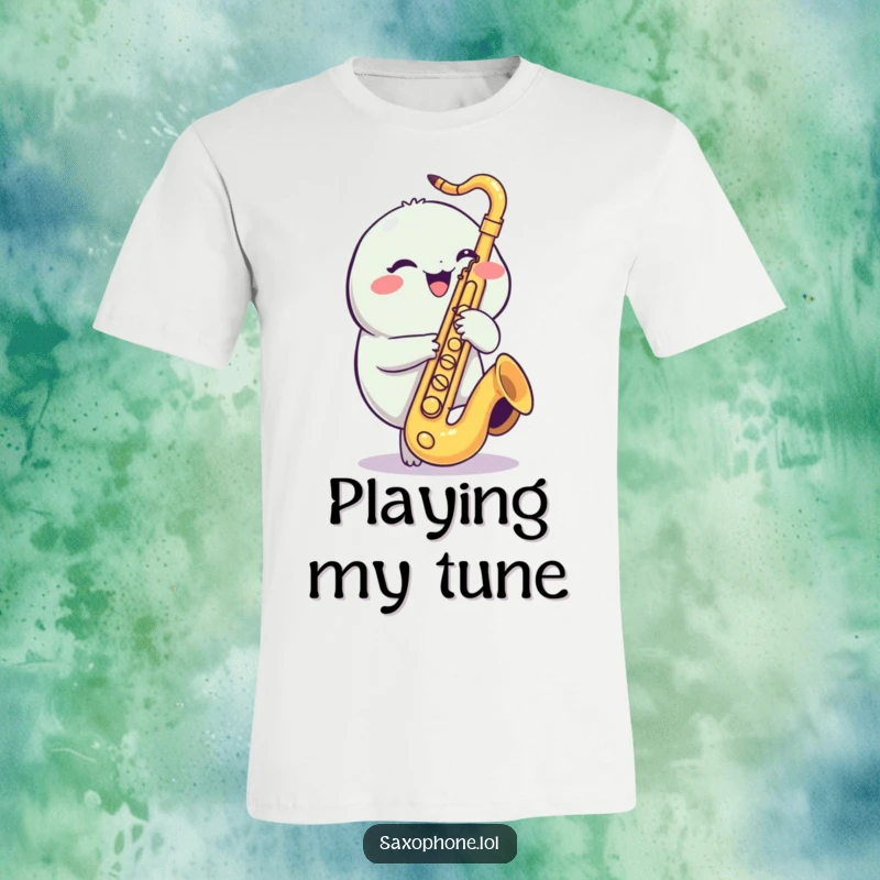 Funny Saxophone T-Shirt: A cheerful, round creature giggling as it playfully taps saxophone valves.