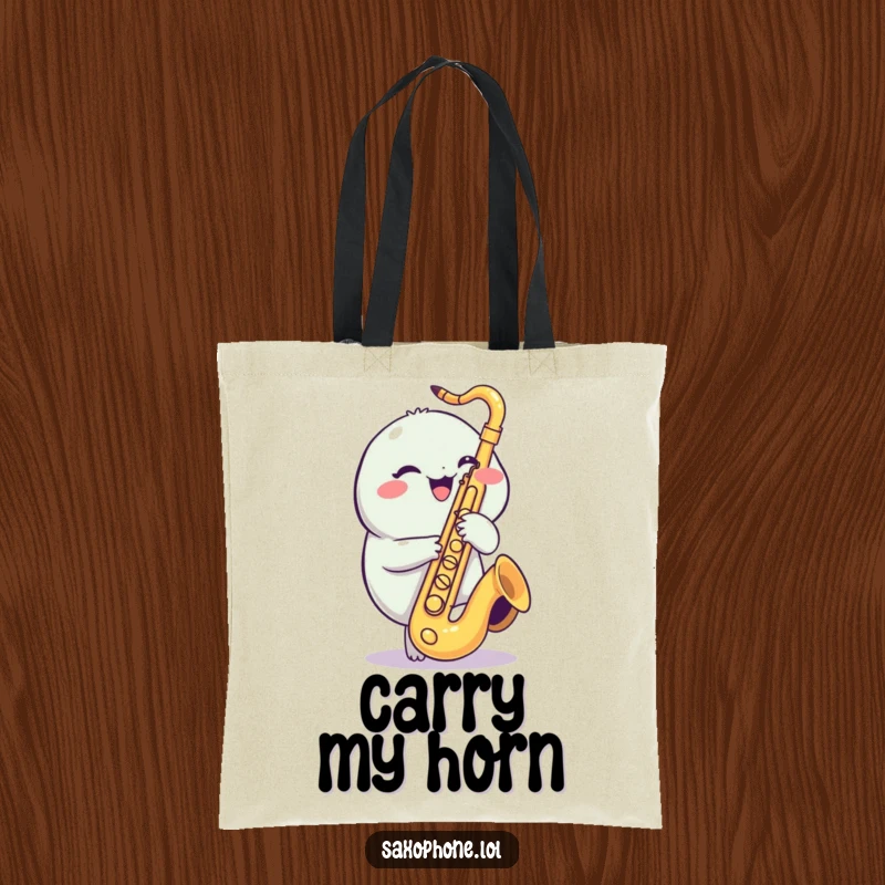 Funny Saxophone Tote Bag: A cheerful, round creature giggling while playfully tapping saxophone valves.