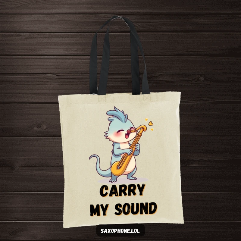 Funny Saxophone Tote Bag: A creature with a long tail energetically swiveling its head to blast into a saxophone.