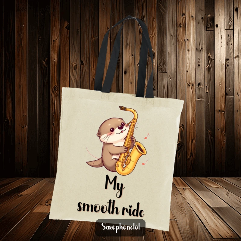 Funny tote bag featuring a curious otter sliding down a saxophone with music notes trailing, perfect for carrying essentials with style.